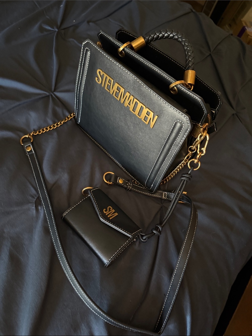 Steve Madden Black Leather Top-Handle Satchel with Gold Logo